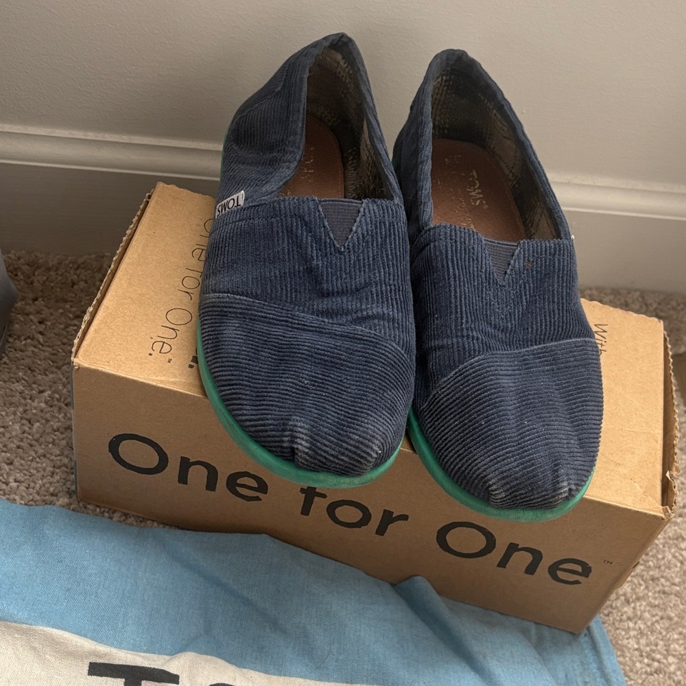 Toms Navy Corduroy Slip-Ons with Green Soles